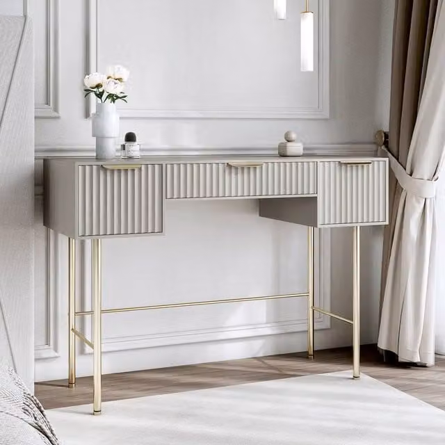 Carme Home Lara Mocha Dressing Table with Mirror Top in Brown, Beige, Gold and White – 1