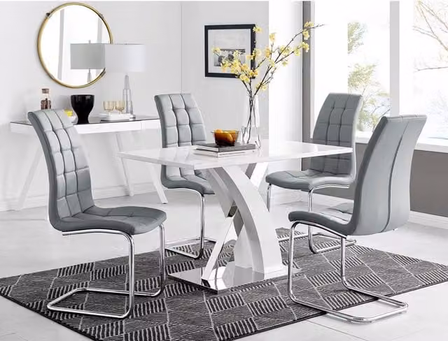 FurnitureboxUK Atlanta White Gloss and Chrome Rectangle Dining Table and 4 Murano Grey Dining Chairs