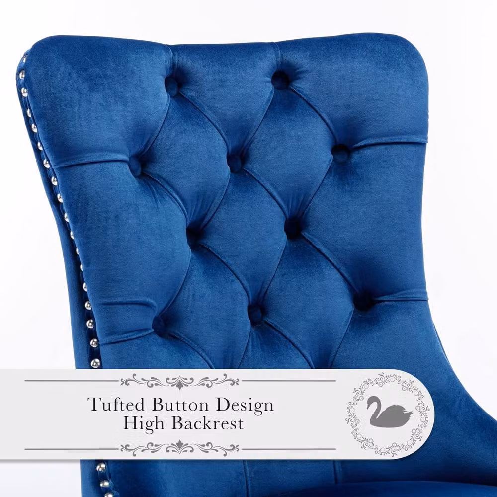 HomeTouch Winchester Set of 6 Blue Velvet Upholstered Kitchen Dining Chairs with Silver Chrome Legs – 7