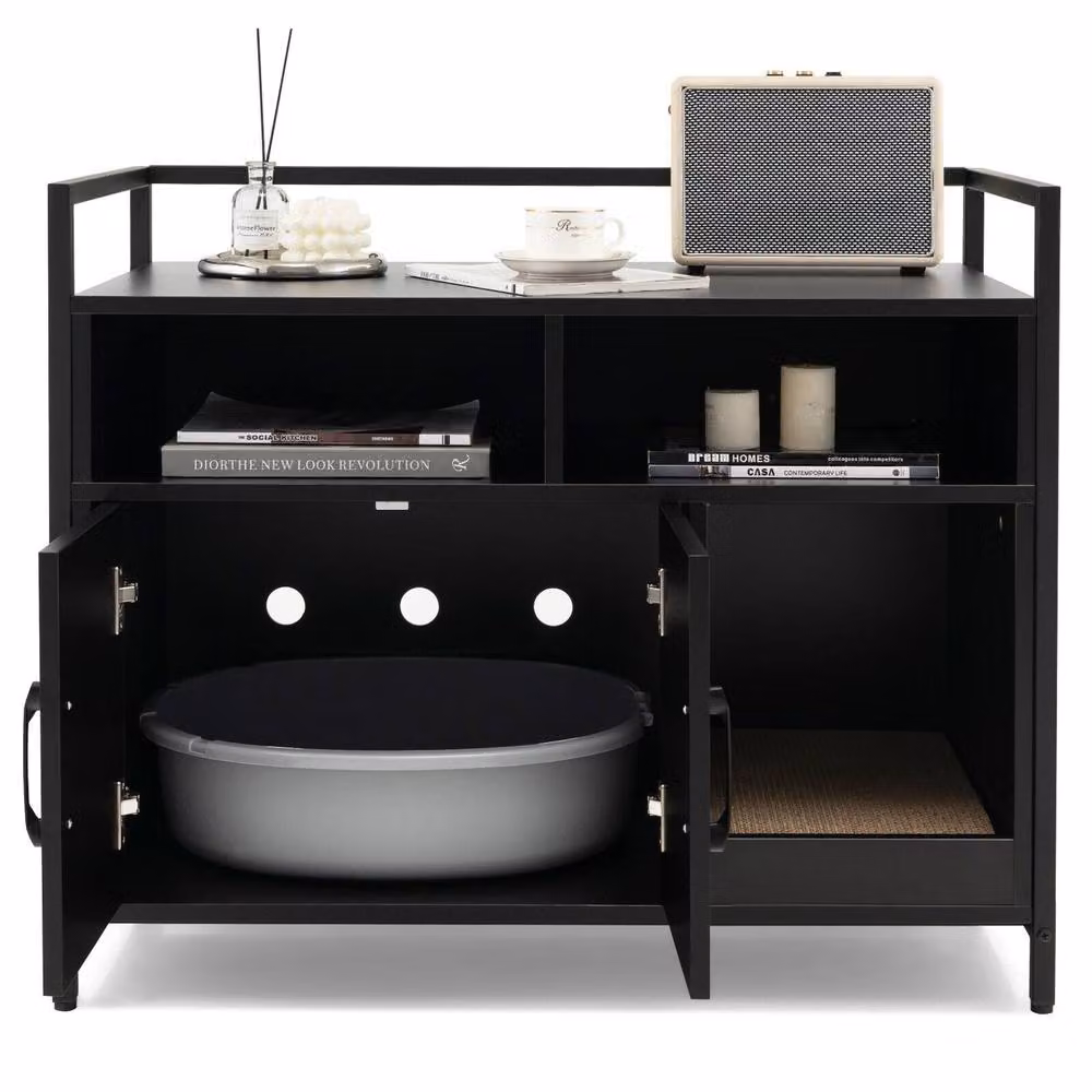 Costway Large Wooden Cat Litter Box Enclosure and Hidden Cabinet in Black and Gold – 3