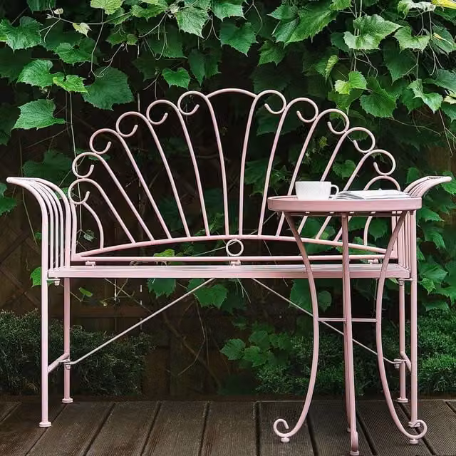 Wyld and Coco Pink Metal 2-Seater Bench with Side Table and Flared Armrests