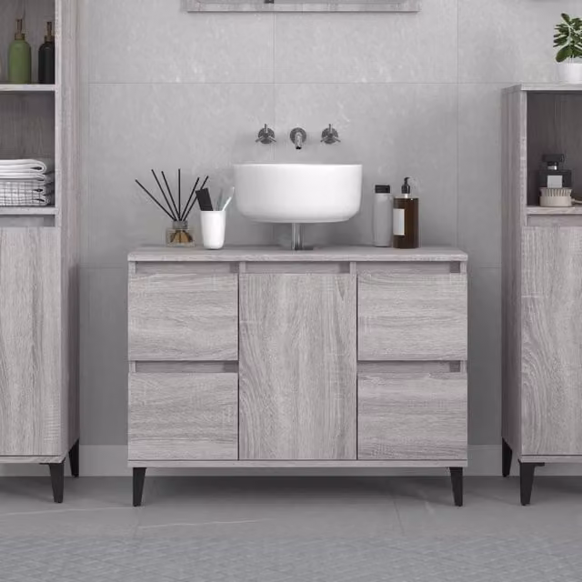 Berkfield Home Grey Sonoma Sink Cabinet with Doors and Internal Drawers, W/D/H: 80 x 33 x 60 cm
