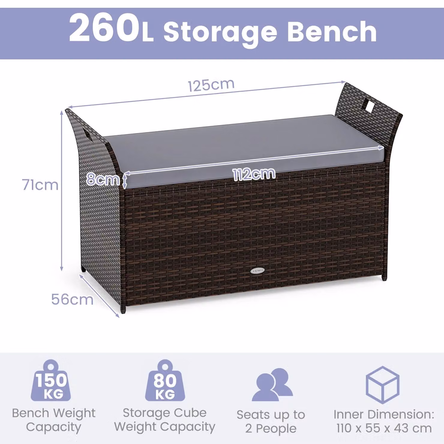 Costway Grey Hand-woven PE Rattan Wicker Outdoor Storage Bench – 2