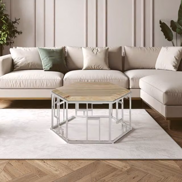 Fifty Five South Relic Hexagonal Coffee Table in Natural Stone and Silver