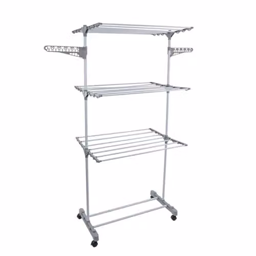 JVL 3 Tier Foldable Drying Rack with Hooks, White Coated Steel