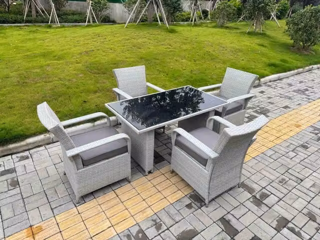 Fimous Rattan Outdoor Furniture Set with Black Tempered Glass Rectangular Table and 4 Light Grey Chairs