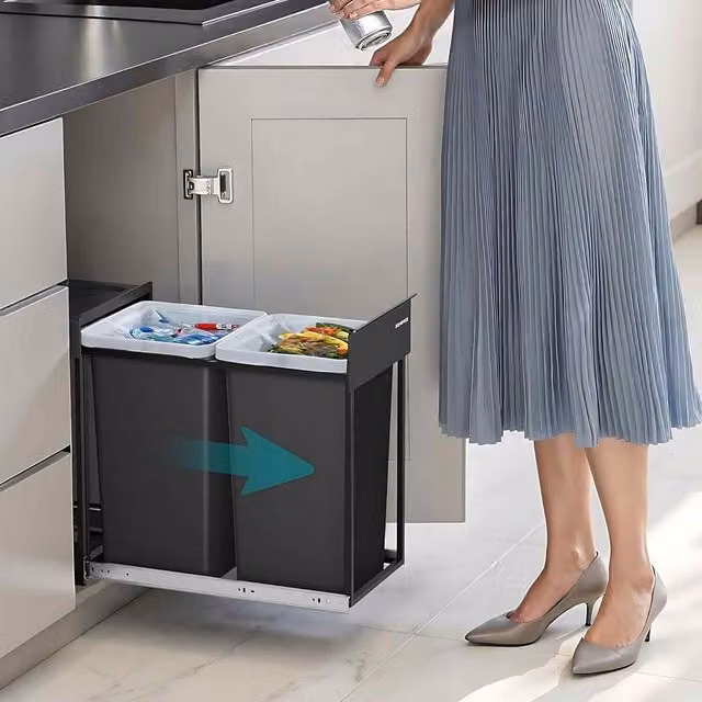 The Bazaarist Built In Kitchen Pull Out Recycling Bin with Flip Lid in Ink Black