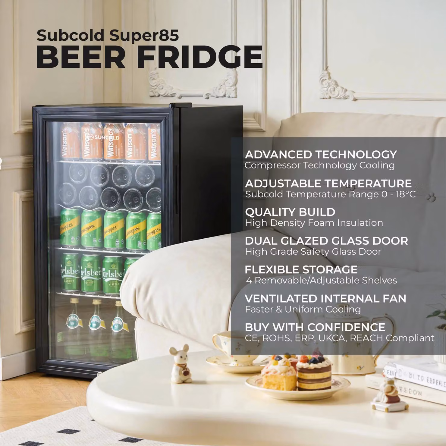 Subcold Super 85 LED Under Counter Beer Fridge in Black and Silver with Compressor and Lockable Glass Door, W/D/H: 43.5 x 47.5 x 84.8 cm – 6