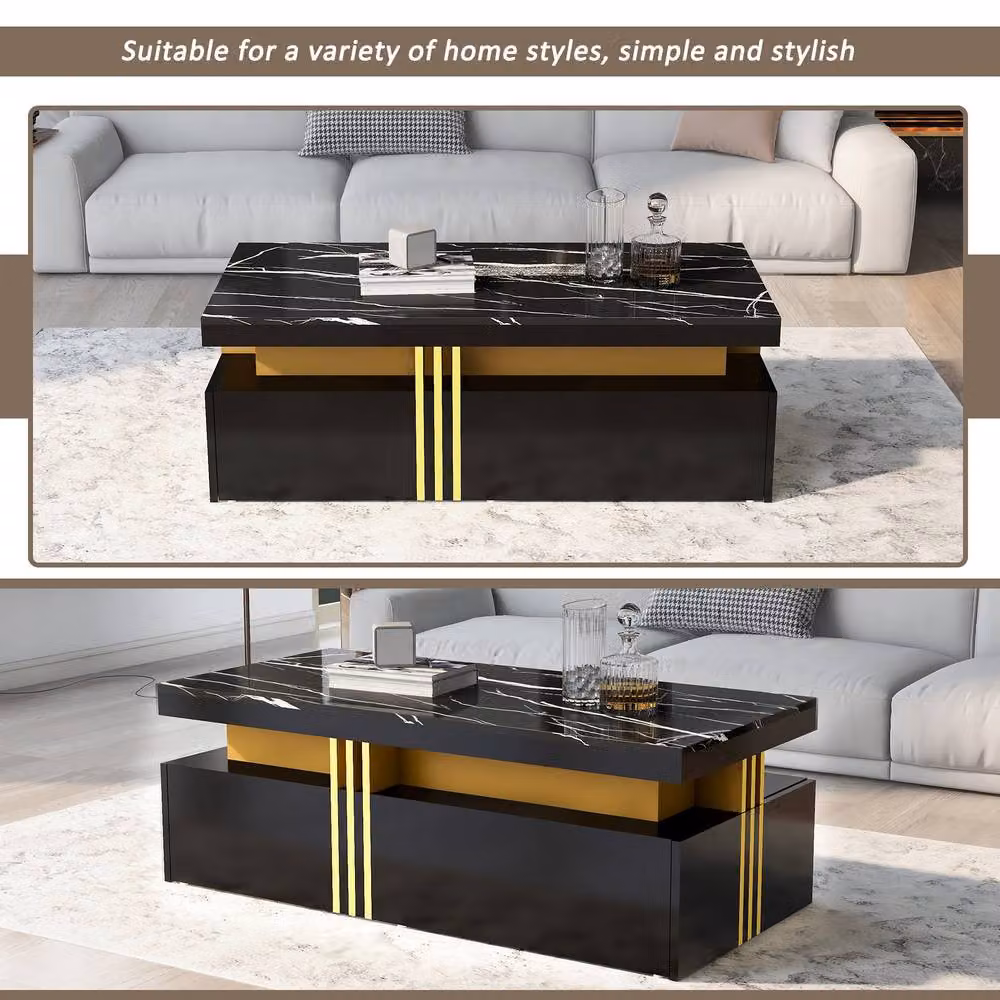 STILVORA Modern Black Coffee Table with Marble Pattern Top and 2 Drawers, W/D/H: 100 x 50 x 40 cm – 6
