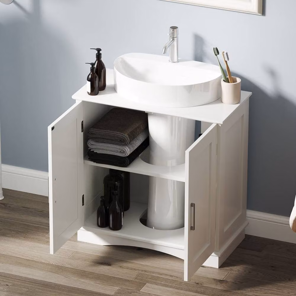 Gymax Modern White Pedestal Sink Bathroom Vanity Cabinet with Hinged Doors and Internal Shelves, Width: 60 cm – 2