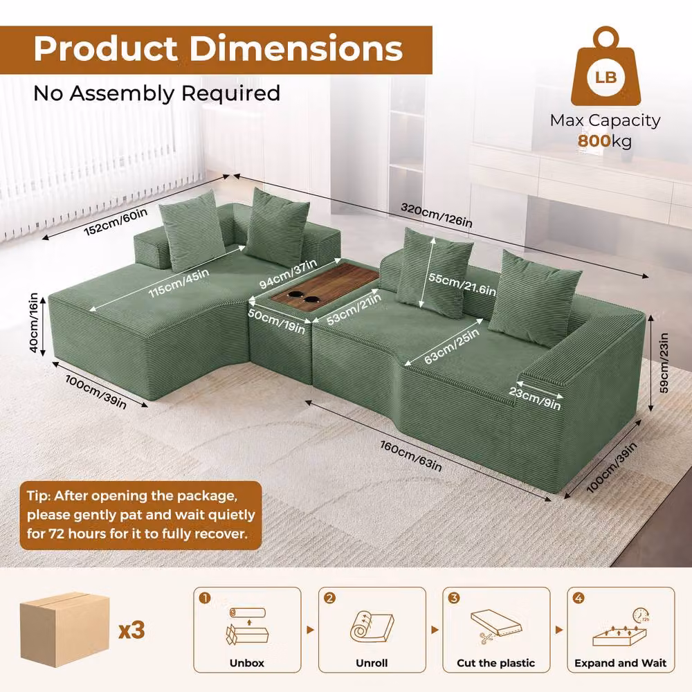 Dprodo Green Corduroy L-Shaped Modular Sofa with Cup Holder Table and Scatter Cushions, Width: 320 cm – 5