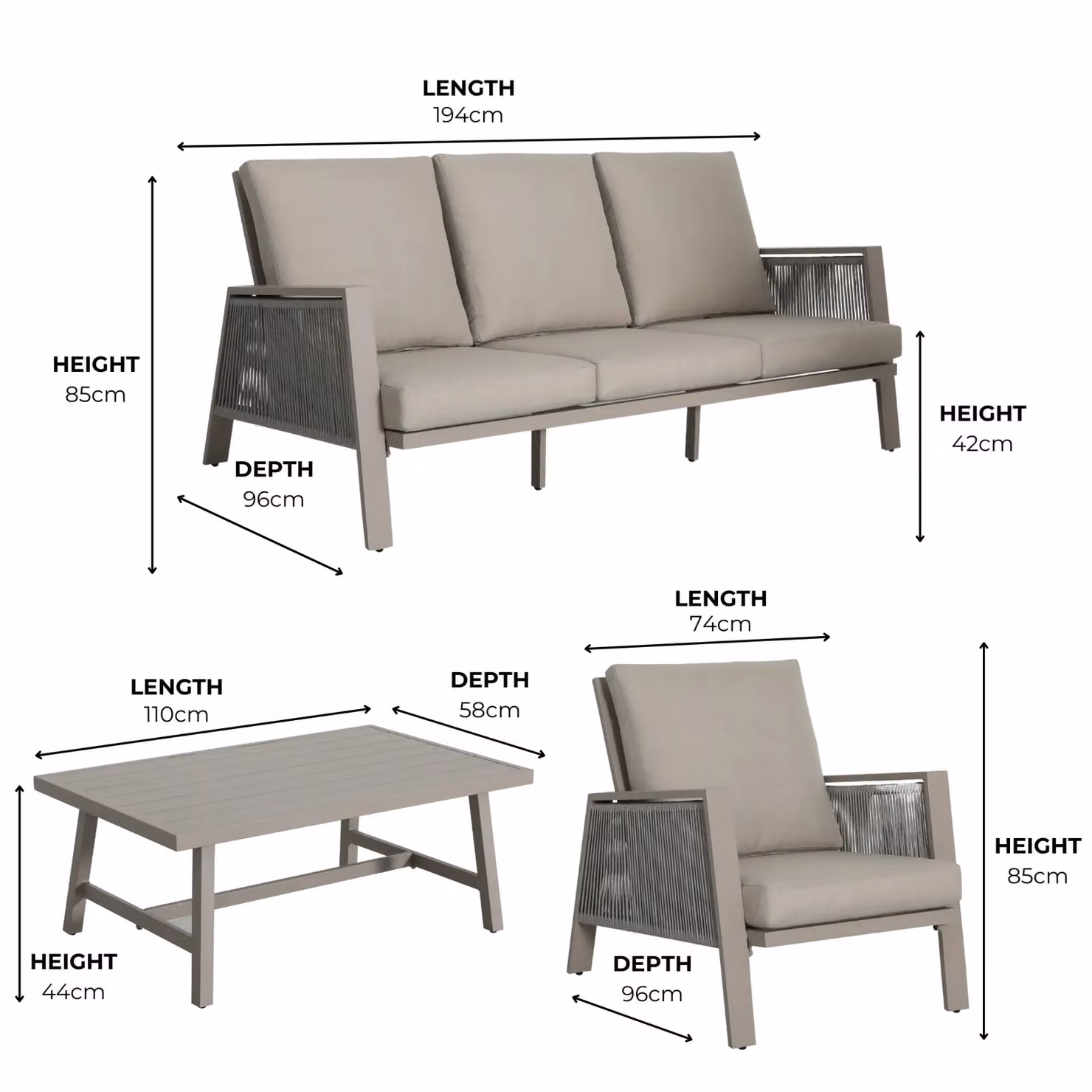 Modish Furnishing Sicily 5 Seater Aluminium Garden Sofa Set with Grey and Beige Cushions – 3