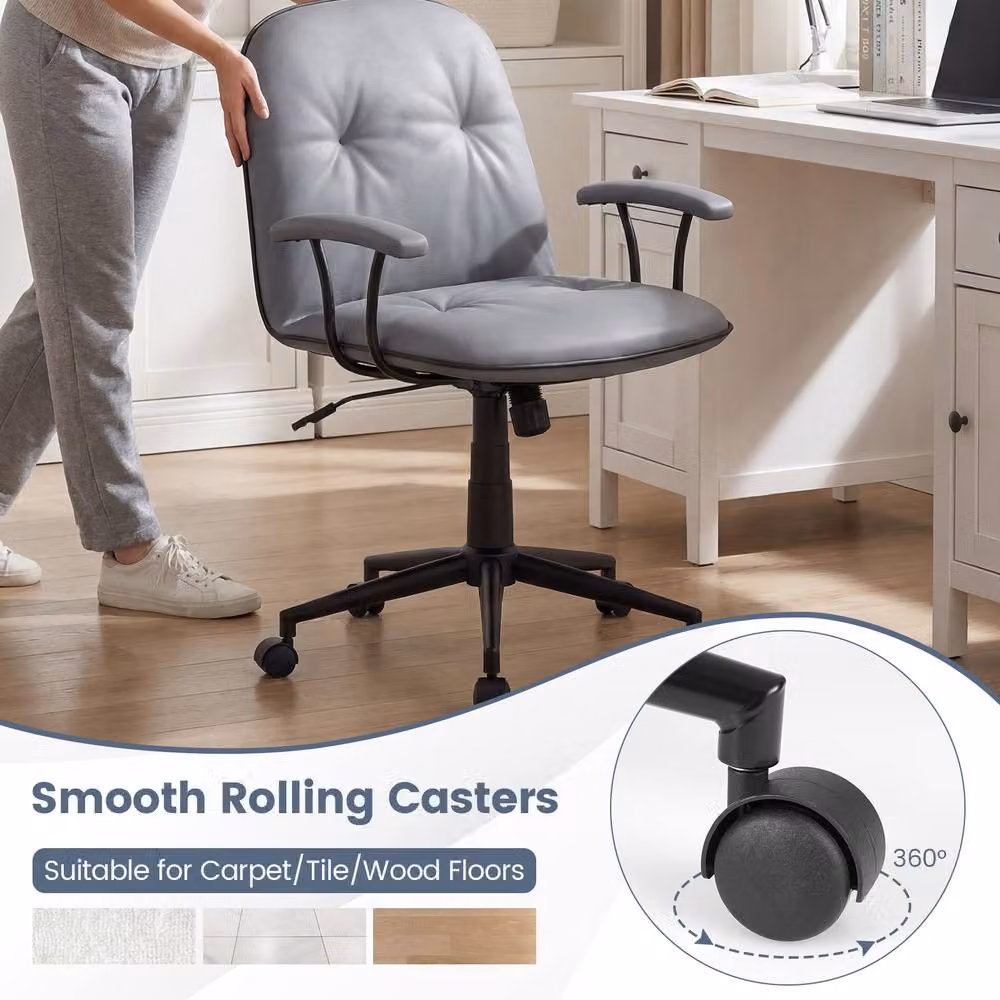 Costway Grey PU Leather Swivel Home Office Task Chair with Armrests and Castors – 5