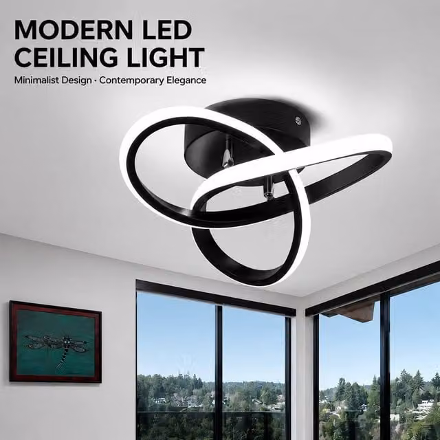 INMTFEI Modern Twisted Ring LED Ceiling Light, Black Flush Mount Metal Fixture – 1