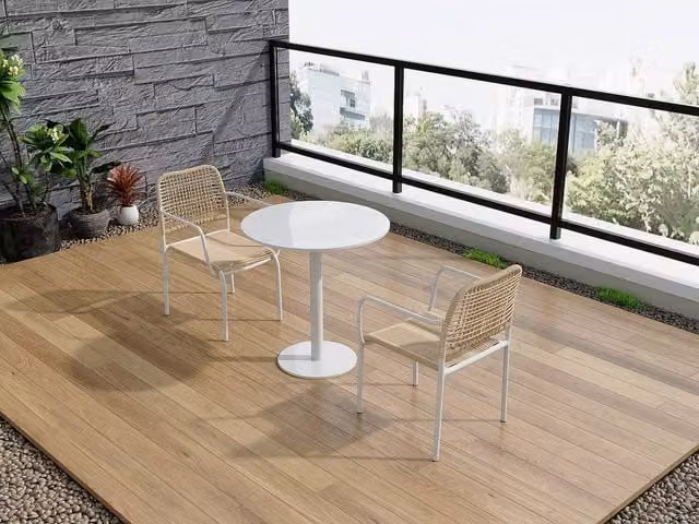 MYLIA Set of 2 Stackable Modern Garden Armchairs in Beige Metal and Woven Resin – 1