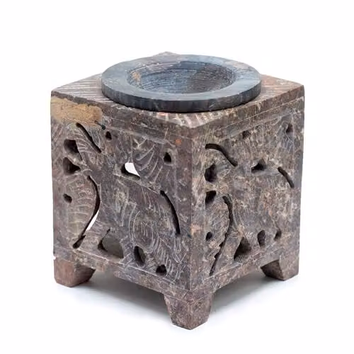 KDMD Square Soapstone Elephant Oil Burner in Chocolate Brown, W/D/H: 10 x 10 x 7.5 cm – 1