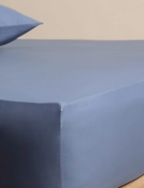 M&S Egyptian Cotton 400 Thread Count Percale Fitted Sheet, Blue, W: 90 cm x L: 190 cm