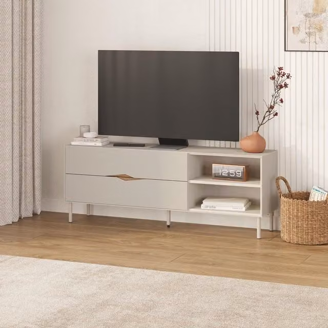 Decortie Marquise TV Unit with Drawer and Open Shelf in Sandstone Beige Wood, W/D/H: 150 x 35 x 56 cm