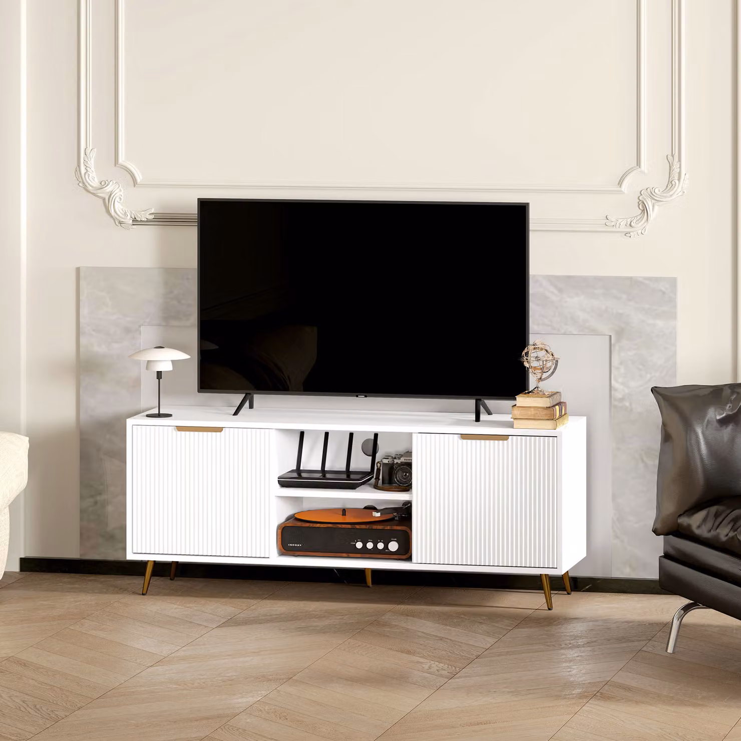 HOMCOM Modern White TV Stand Cabinet for TVs up to 55 inch with Shelves and Storage Cabinets – 7