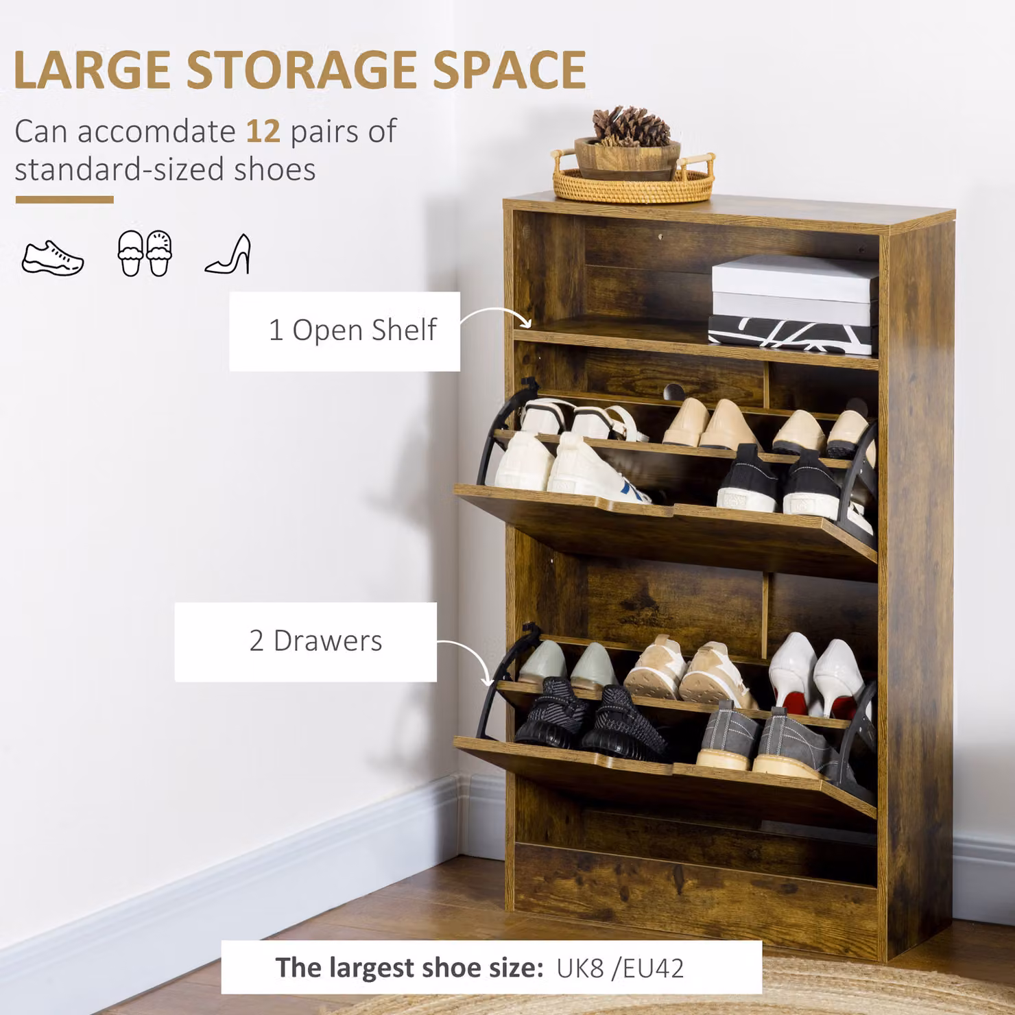 HOMCOM Slim Shoe Cabinet in Rustic Brown with 2 Flip Doors and 2 Drawers – 4