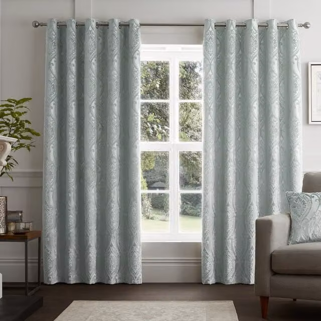 Curtina Chateau Embossed Jacquard Ready Made Eyelet Curtains in Duck Egg Blue
