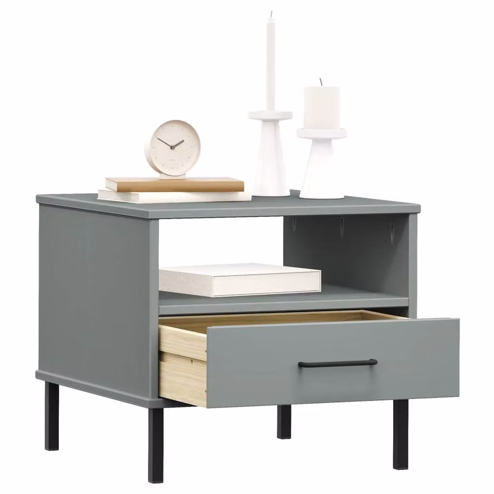 Berkfield Home Oslo Bedside Table in Grey Solid Pine Wood with Metal Legs – 3