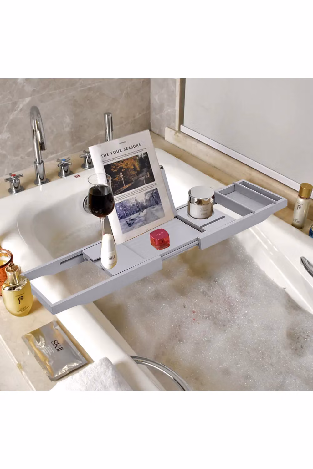 Living and Home Rustic Expandable Bamboo Wooden Bathtub Caddy Tray in Grey – 2