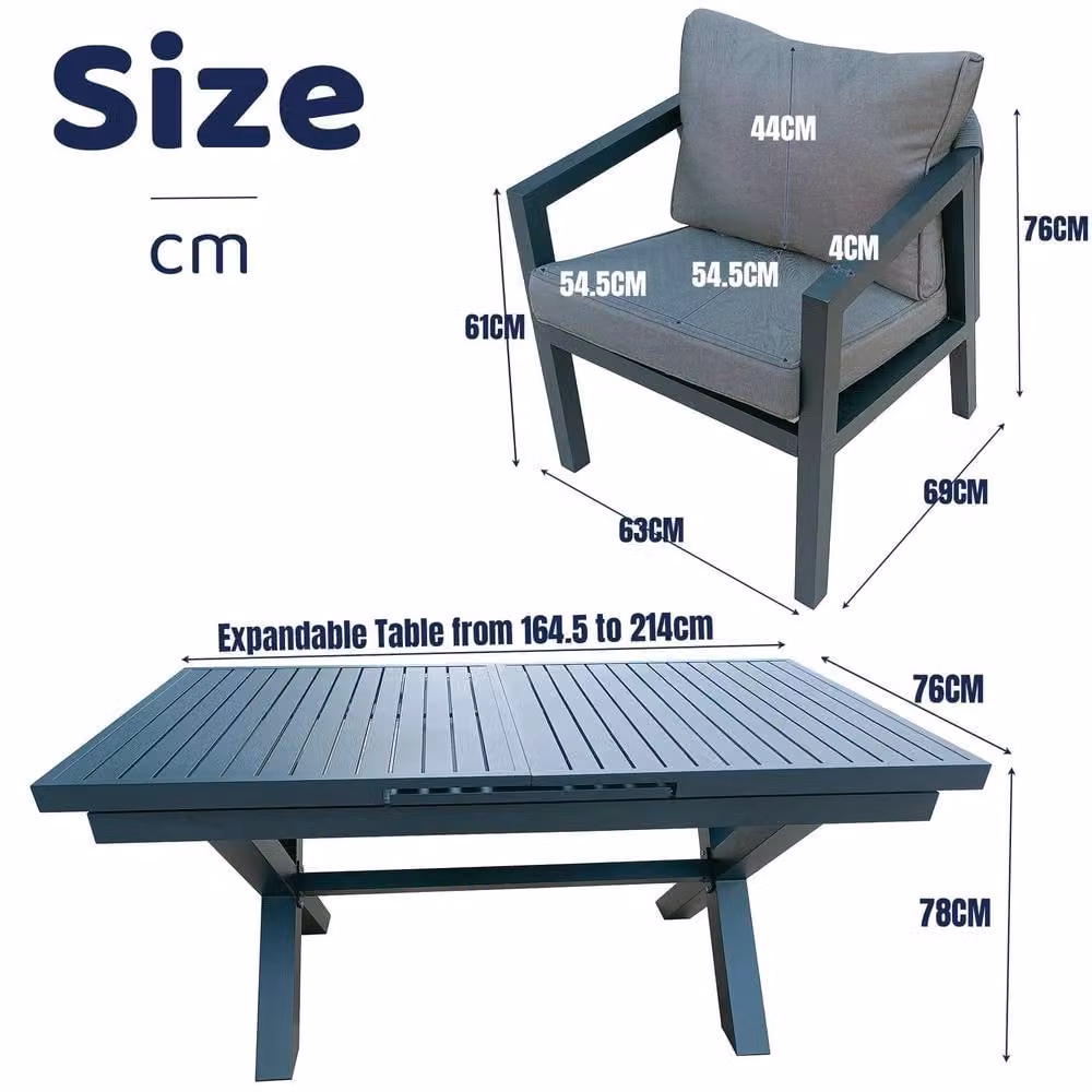 FURNITURE ONE 7-Piece Modern Aluminium Patio Dining Set with Extending Table in Matt Dark Grey – 3