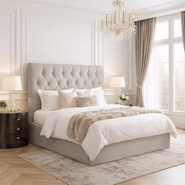 Desire Deco Samara Chesterfield Upholstered Velvet Bed Frame in Silver, W/D/H: 140 x 200 cm