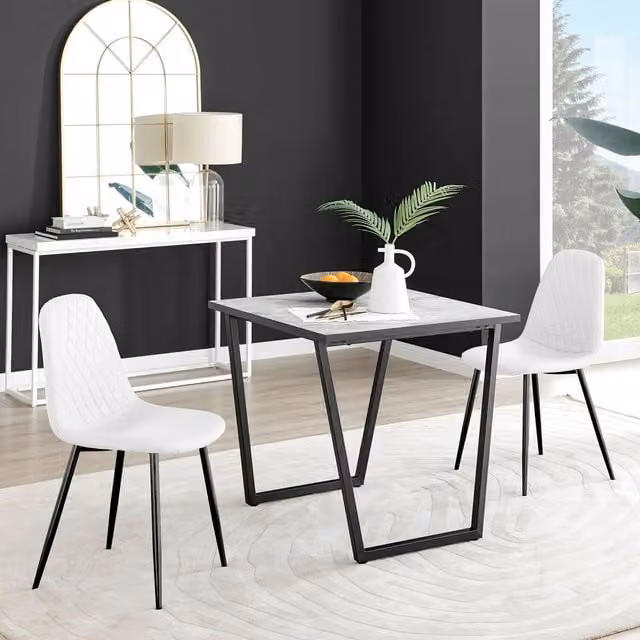 FurnitureboxUK Carson White Marble Effect Square Dining Table and 2 Corona Black Leg Chairs Set