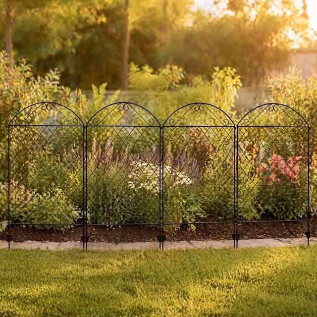 STILVORA Black Powder-Coated Metal Decorative Garden Fence Panels, 3.5m Length, Round In-Ground Design