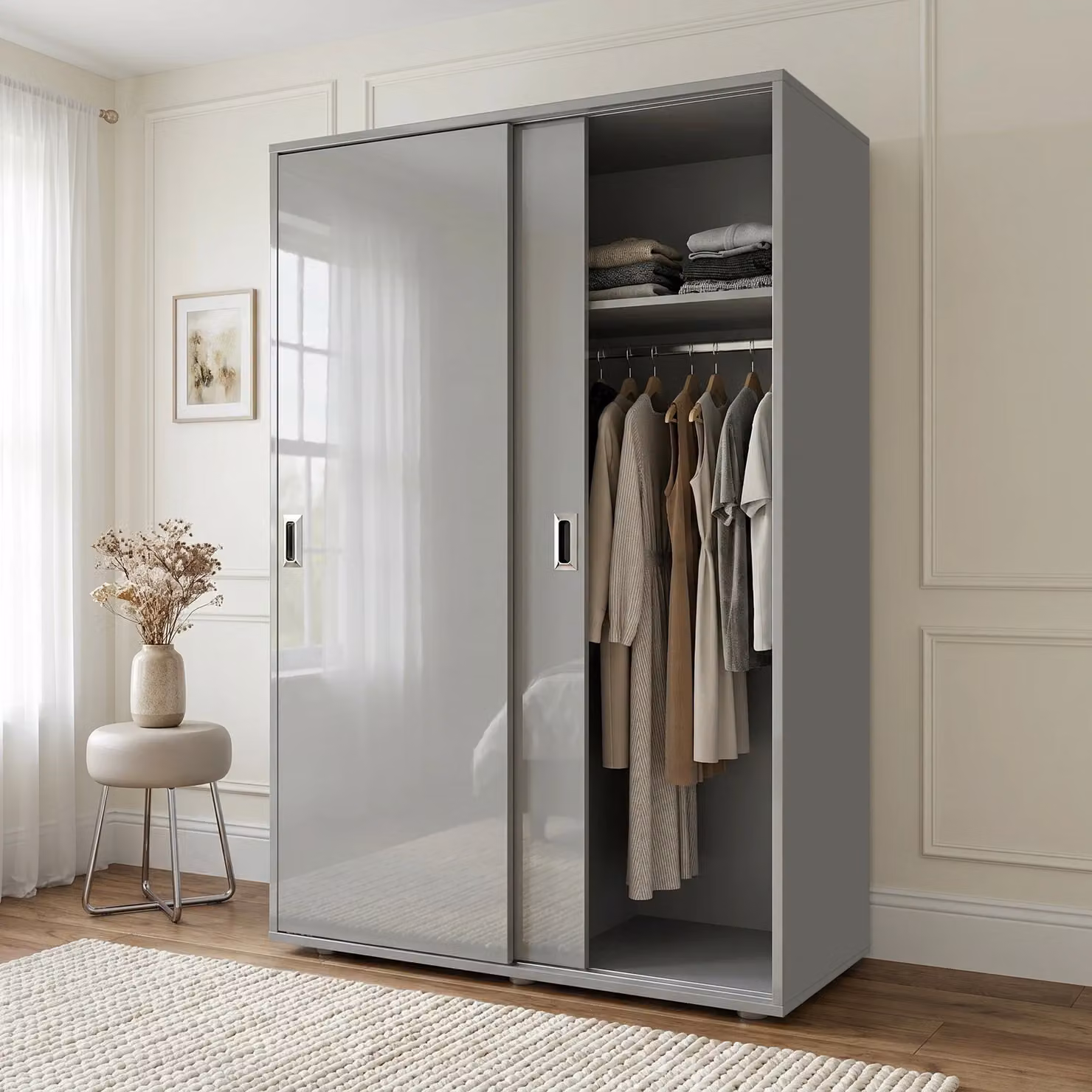 Torvek 2 Door Sliding Wardrobe with Internal Shelves and Hanging Rod, Grey Glossy, H 183 x W 120 x D 58 cm