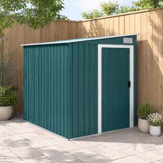 STILVORA Green Steel Garden Lean-to Shed with Shelving, Window and Sliding Door, W/D/H: 181 x 154 x 114 cm – 1