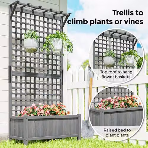 Outsunny Wood Planter with Trellis for Climbing Plants, Grey, W: 183.0 cm, H: 90.0 cm, D: 45.0 cm – 3