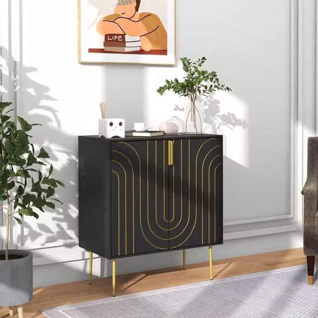 STILVORA Art Deco Geometric Sideboard in Black and Gold with Adjustable Shelf – 1