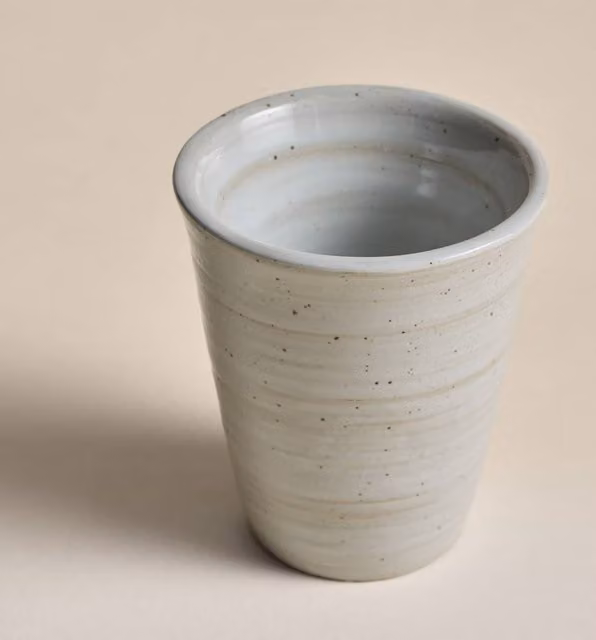 M&S Textured Spin Handleless Stoneware Mug in Beige and White with Dotted Detail