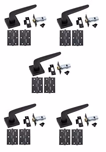 Golden Grace Venus Door Handles with Latch on Square Rose, Matt Black, 5 Sets