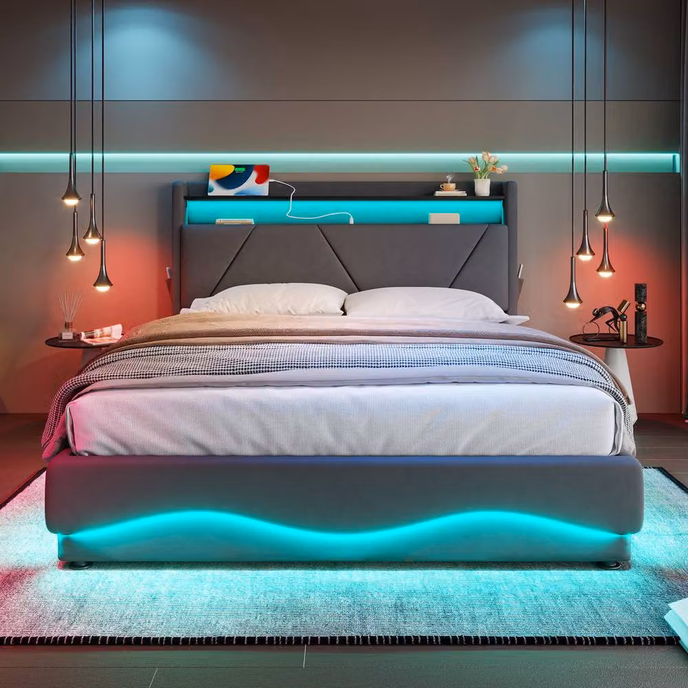 Matteo Modern Upholstered Double Bed in Grey Velvet with LED Headboard, Storage and USB Charging Ports, W/D/H: 140 x 200 cm – 6