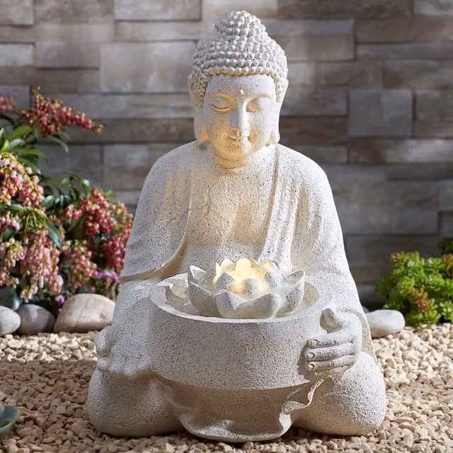 Serenity Buddha LED Lotus Tabletop Water Fountain in Light Grey