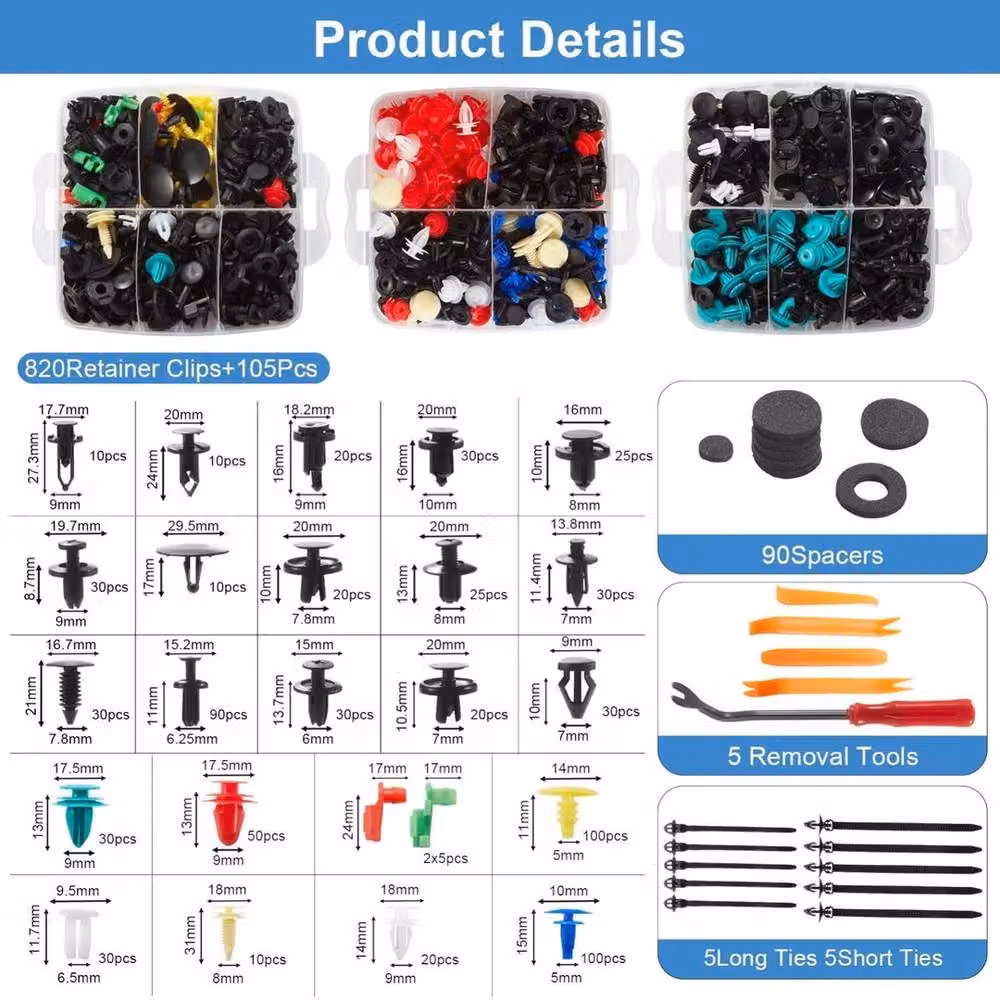 NESTLUNE 925-Piece Car Trim Clips and Fasteners Kit with 5 Removal Tools in Multicolour – 3