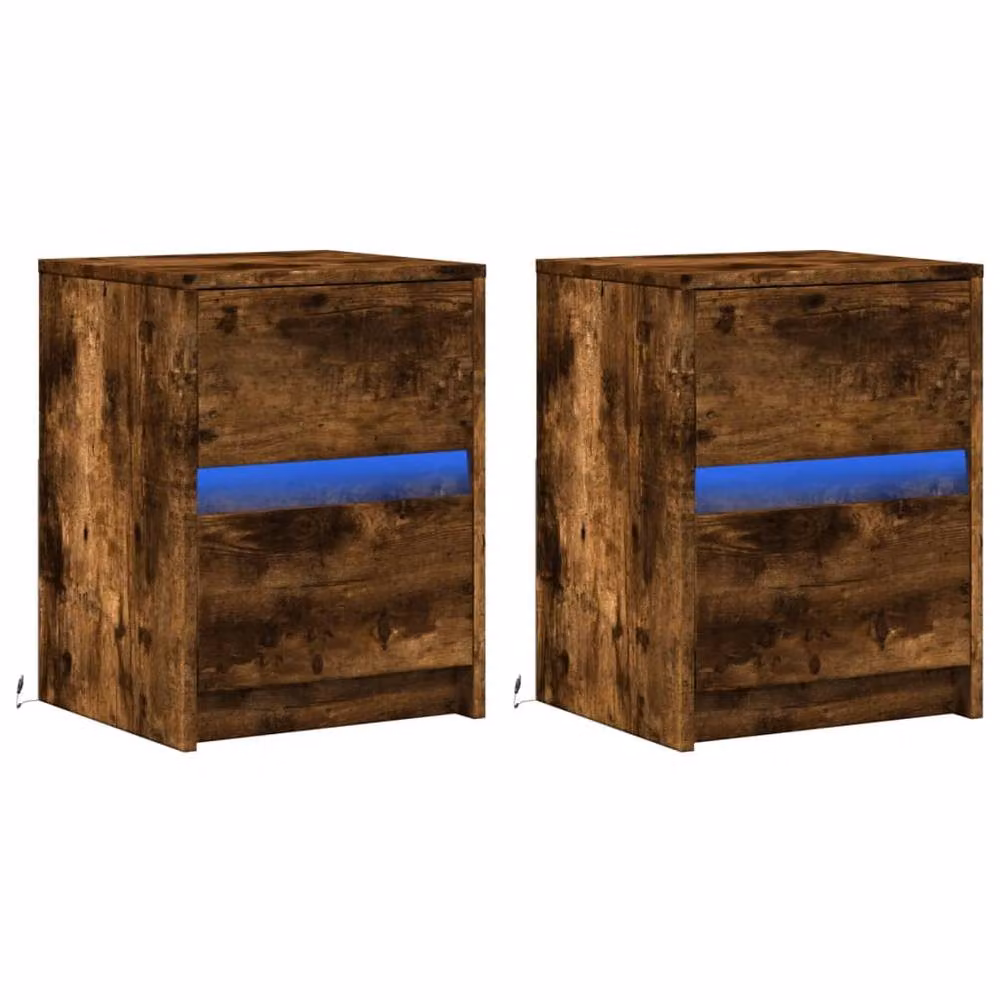 Berkfield Home Set of 2 Modern Bedside Cabinets with Integrated LED Lights in Smoked Oak Brown – 3