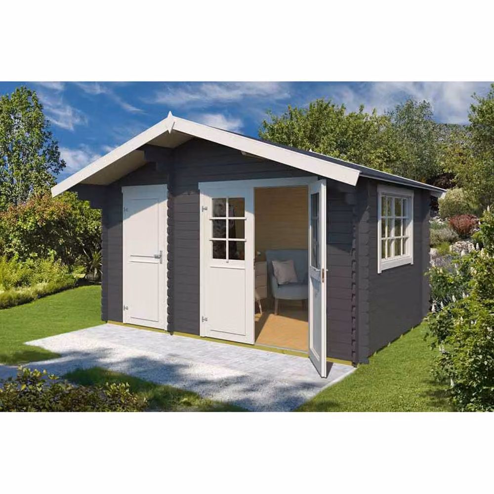 Lasita Maja Ltd Keila 28-Log Cabin Garden Room and Home Office in Beige, W: 340 cm, D: 426.6 cm, H: 256.5 cm