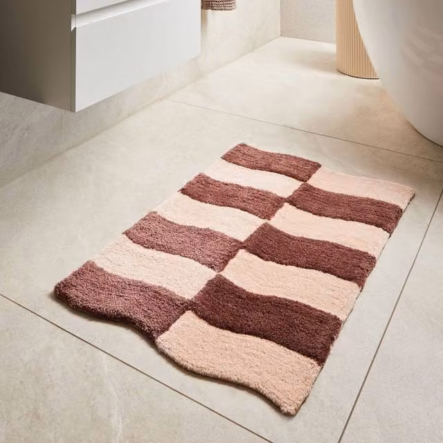 Wyld and Coco Cotton Geometric Plush Bath Mat in Beige and Brown, W: 60 cm, D: 90 cm