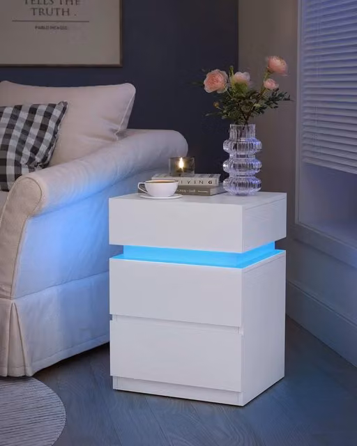 VASAGLE Modern White Bedside Table with 3 Drawers and Integrated LED Lighting – 1