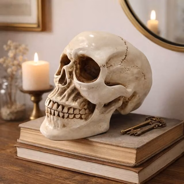 Voltico Realistic Human Skull Ornament in Beige, W/D/H: 15.0 x 12.5 x 12.5 cm
