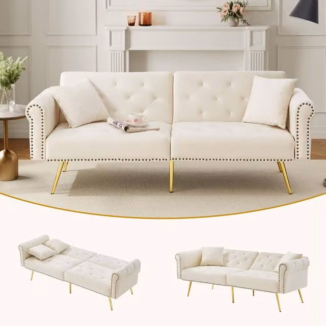 BTM Modern 2-Seater Velvet Sofa Bed in White with Gold Metal Feet, Click-Clack Sleeping Function and Adjustable Headrest, W/D/H: 150 x 87 cm