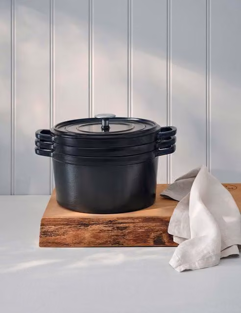 M&S x Tom Kerridge 3 Piece Black Enamel Cast Iron Stacking Set with Lids