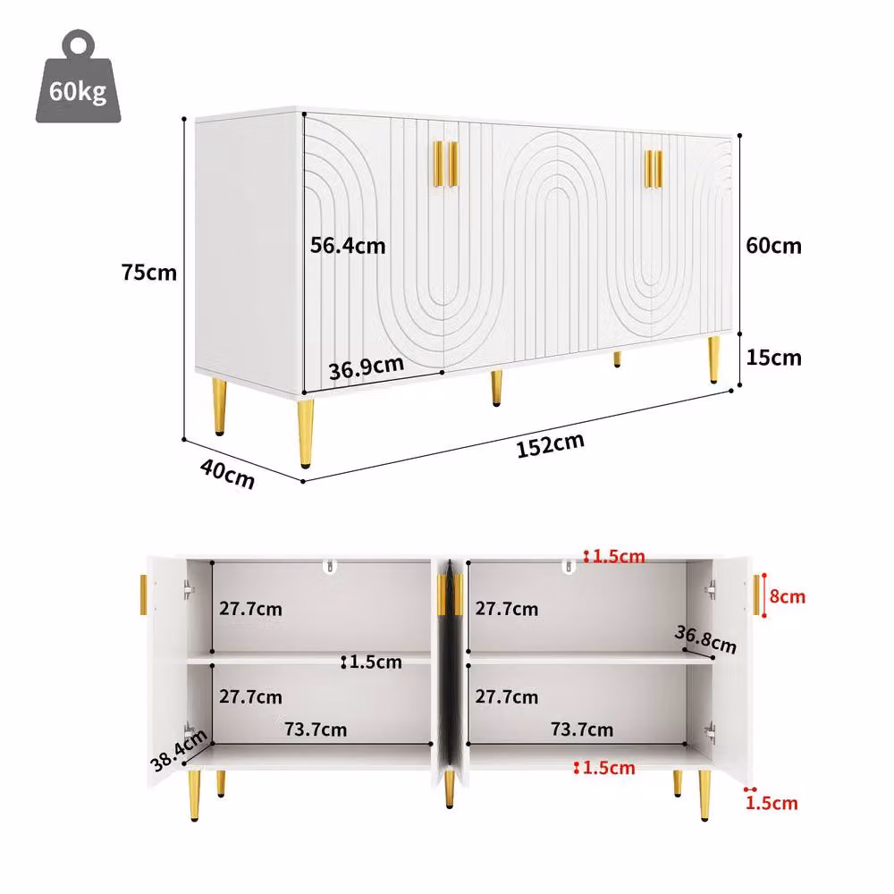 Rolipo Modern White Sideboard with 4 Doors, 2 Drawers and Gold Accents, Width: 152 cm – 3