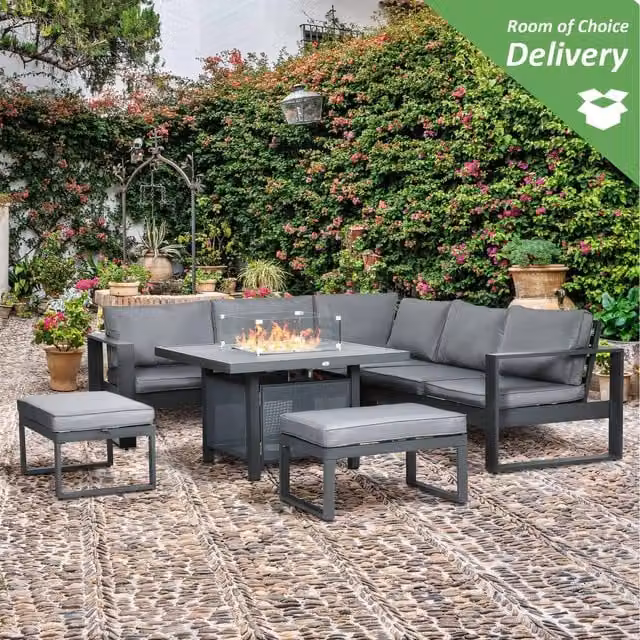 Outsunny 6-Piece Aluminium Garden Furniture Set with Matt Grey Fire Pit Table
