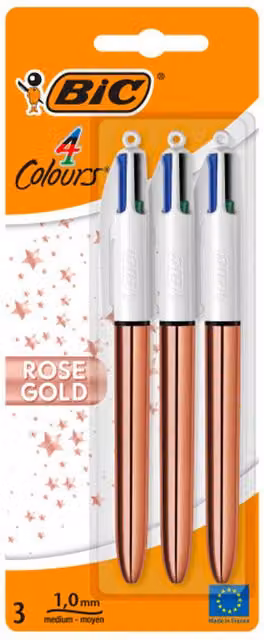 Pack of Three BIC 4-Colour Rose Gold Ballpoint Pens with Gold, Blue, Black, Red and Green Ink